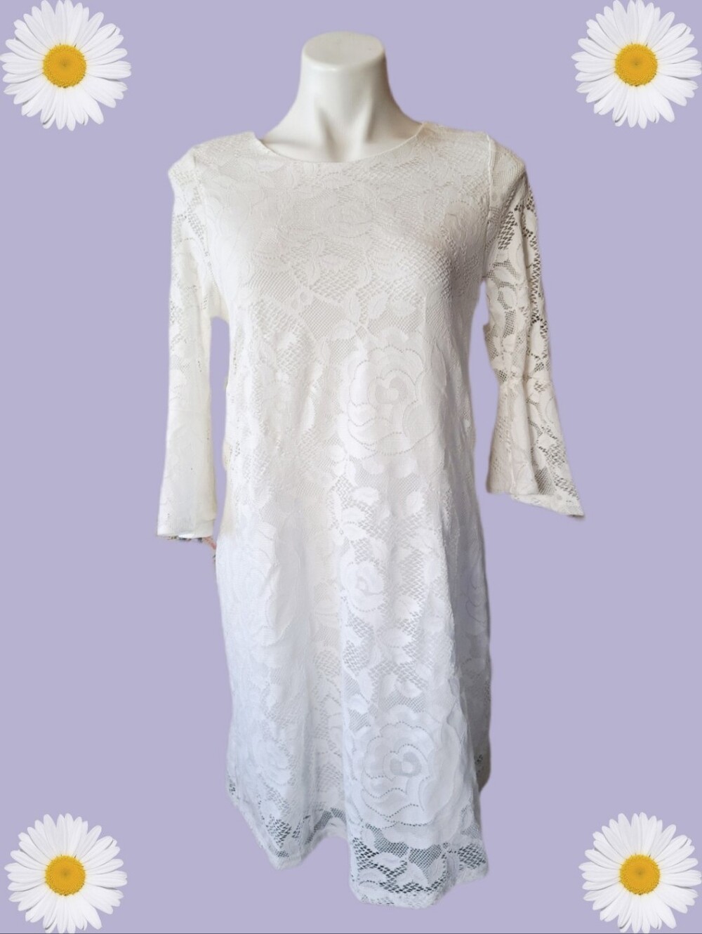 French Grey Stitch Fix White Lace Bell Sleeve Shift Dress NWOT Large